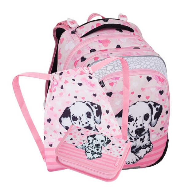 Obrazek Bagmaster BETA 24 Mały zestaw szkolny dla pierwszoklasistów - różowy dalmatyńczyk 18 l