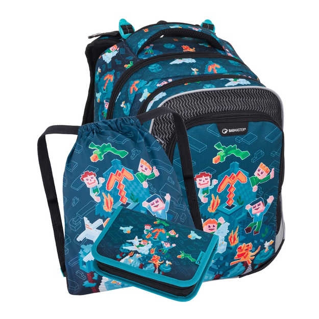 Obrazek Bagmaster LUMI 24 E mały zestaw szkolny dla pierwszoklasistów - cube world niebieski 23 l