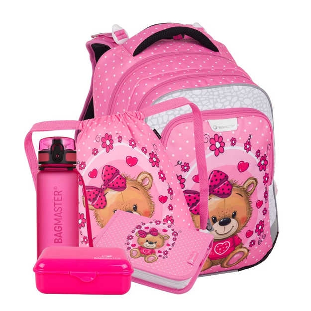 Obrazek Bagmaster LUMI 24 H duży zestaw szkolny dla pierwszoklasistów - miś różowy 23 l