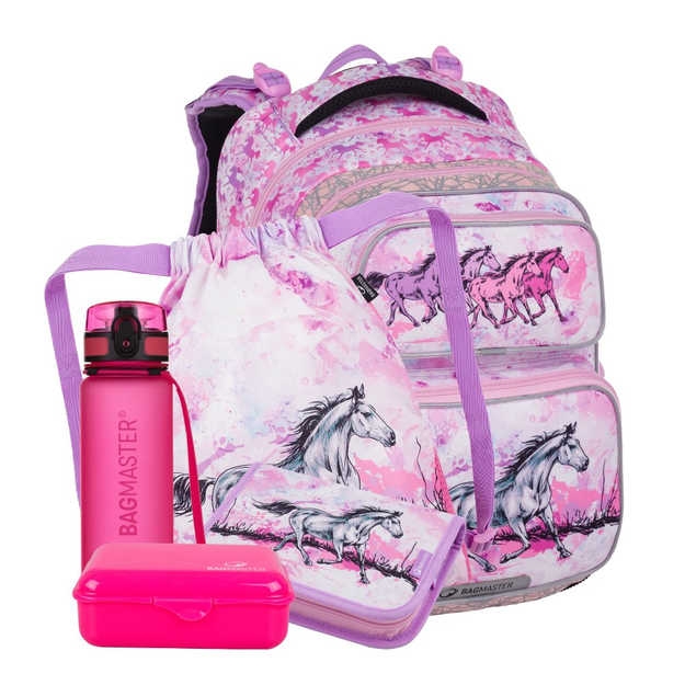 Obrazek Bagmaster DOPI 24 Duży zestaw szkolny dla pierwszoklasistów - koń różowy 22 l