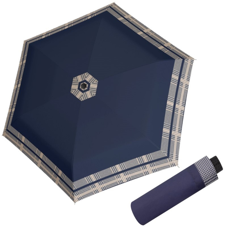 Obrazek DOPPLER Fiber Havanna Timeless Blue Hahnentritt - damski parasol składany beżowy