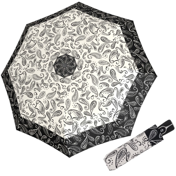 Obrazek DOPPLER Fiber Magic Black and White Paisley - w pełni automatyczny parasol damski biały