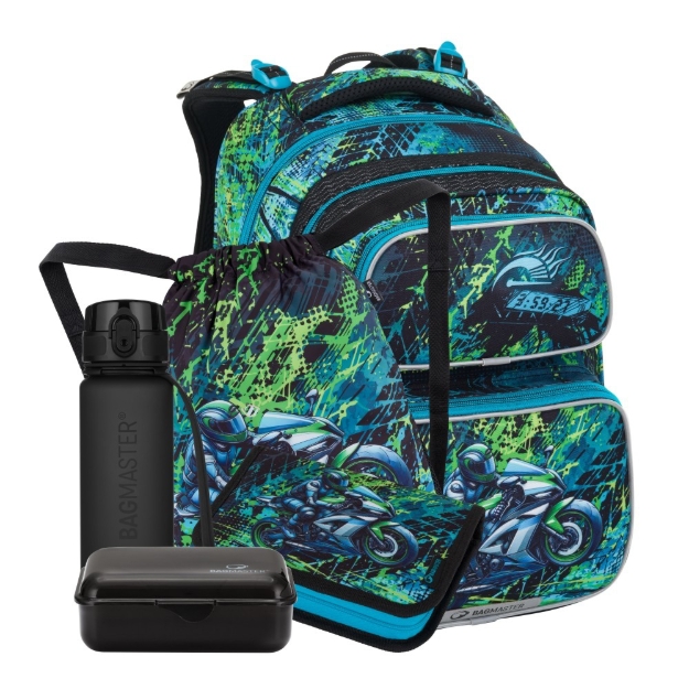 Obrazek Bagmaster DOPI 25 B duży zestaw szkolny dla pierwszoklasistów - motocykl niebieski 18 l