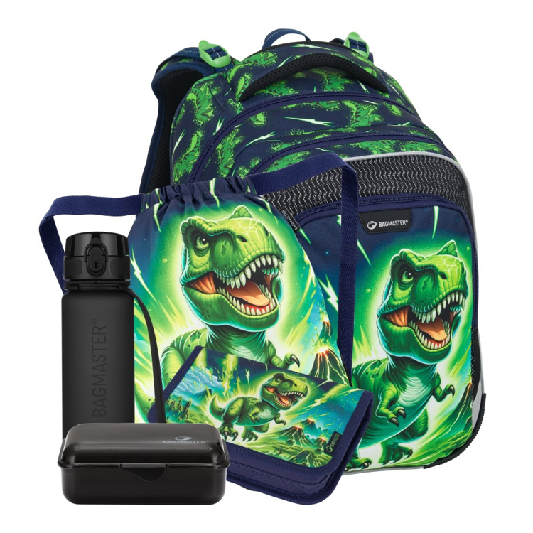 Obrazek Bagmaster LUMI 25 C duży zestaw szkolny dla pierwszoklasistów - dinosarus Green 18 l