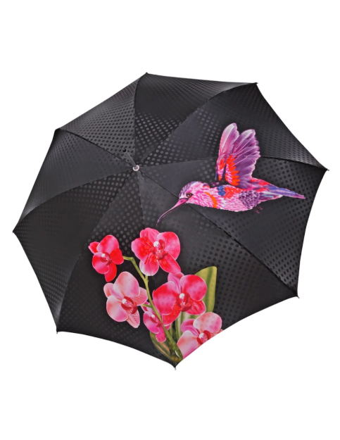 Obrazek DOPPLER MANUFACTUR Elegance Boheme Paradiso - luksusowy parasol damski z nadrukiem kolibra fioletowy