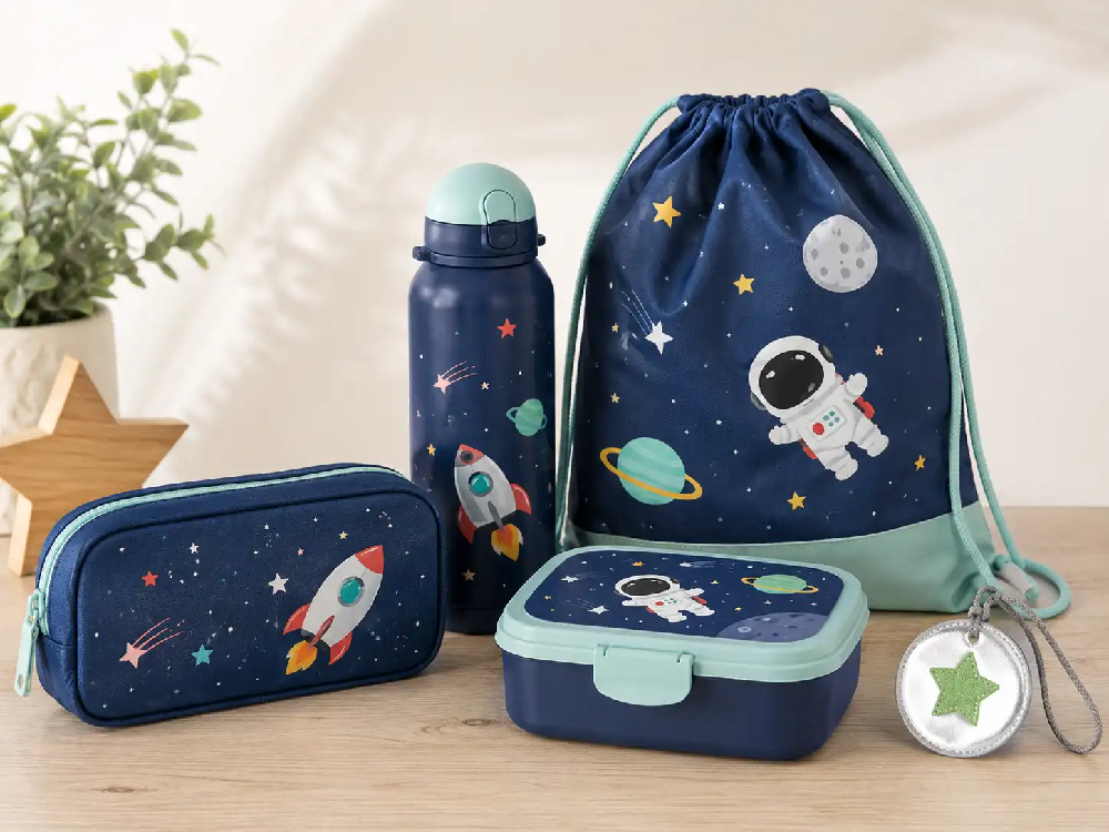 Piórnik, bidon, lunchbox i worek na obuwie zmienne do plecaka szkolnego