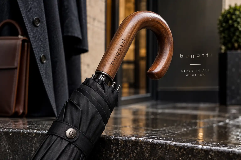 Luksusowy męski długi parasol Bugatti Doorman z drewnianą rączką