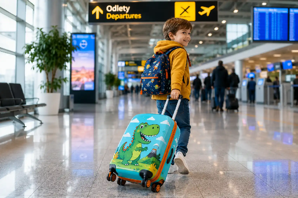 Dziecięca walizka podróżna z kolorowym motywem ciągnięta przez dziecko