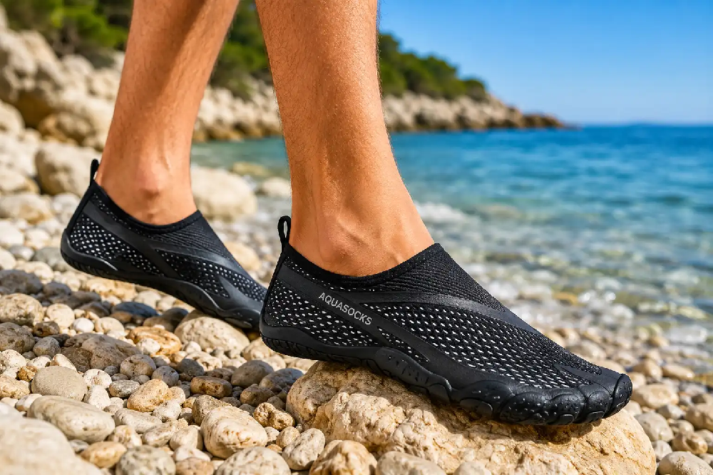 Męskie obuwie plażowe chroniące stopy na kamienistej plaży