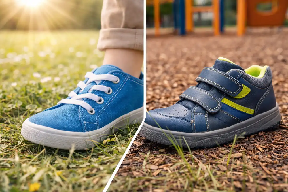 Różnica między dziecięcymi trampkami z materiału i skóry