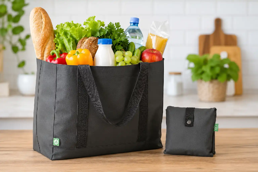 Torby na zakupy – sztywna torba z produktami spożywczymi oraz składana torba do kieszeni